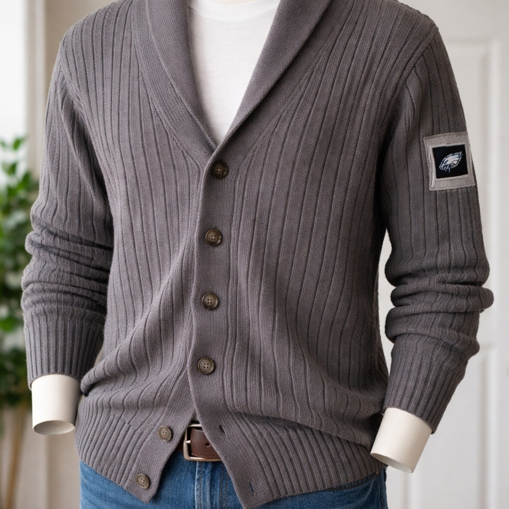 Eagles NFL Men's Ribbed Shawl Collar Cardigan Sweater - Gray L NWT